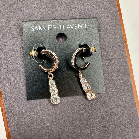 Saks Fifth Avenue Gold-Tone Crystal Hoop Drop Earrings 1.5” Statement Dangle - Picture 6 of 7